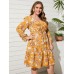 YOINS Plus Size V-neck Paisley Button Design Tie-up Design Dress