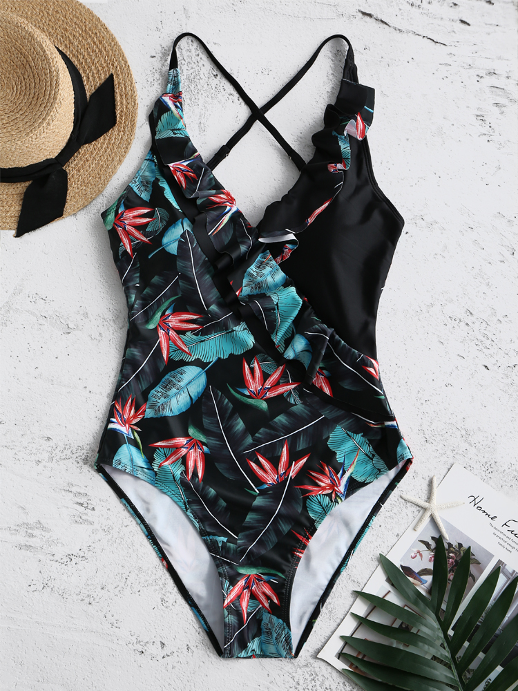 Black-V-Neck-Backless-Flora-Criss-Cross-Ruffled-Trim-Swimwear-1647164