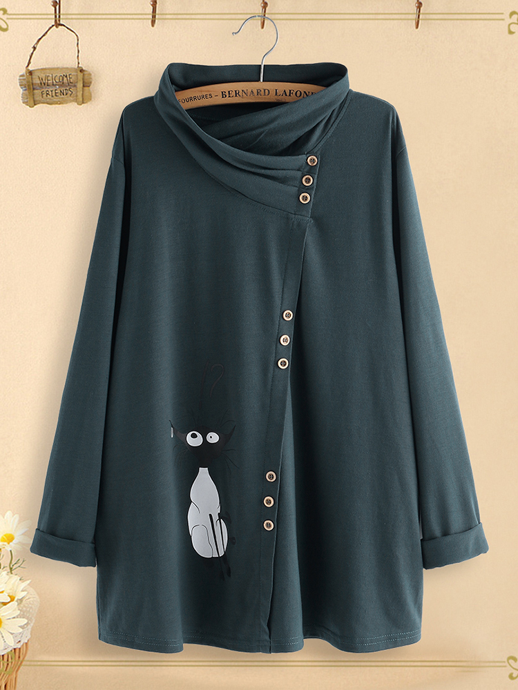 Cartoon-Cute-Cat-Turtleneck-Asymmetrical-Button-Plus-Size-Blouse-1597882