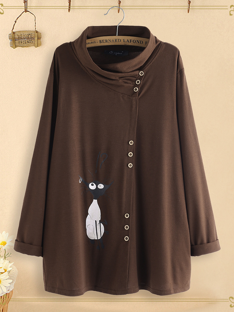 Cartoon-Cute-Cat-Turtleneck-Asymmetrical-Button-Plus-Size-Blouse-1597882