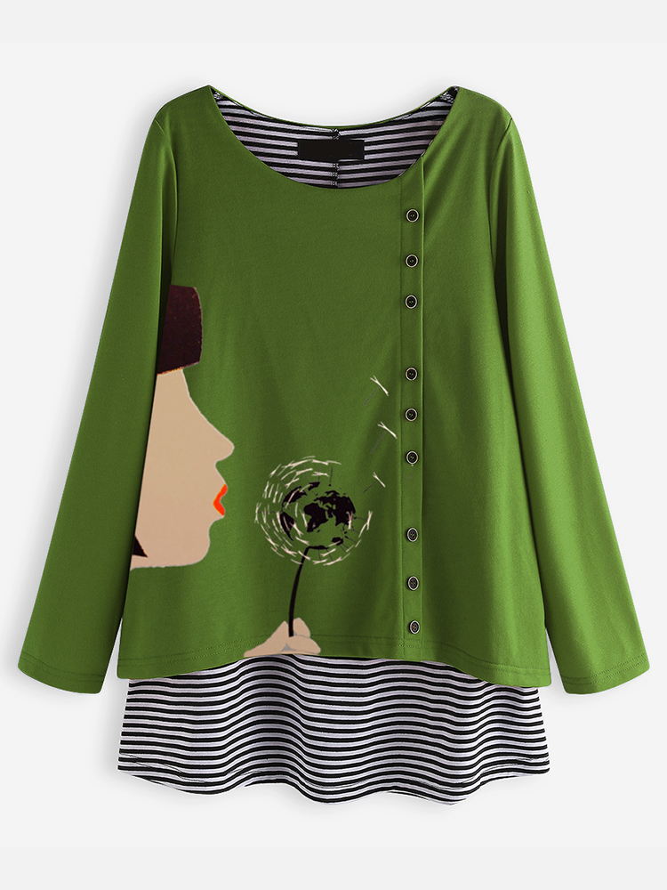 Casual-Cartoon-Print-O-neck-Stripe-Long-Sleeve-Blouse-For-Women-1567670