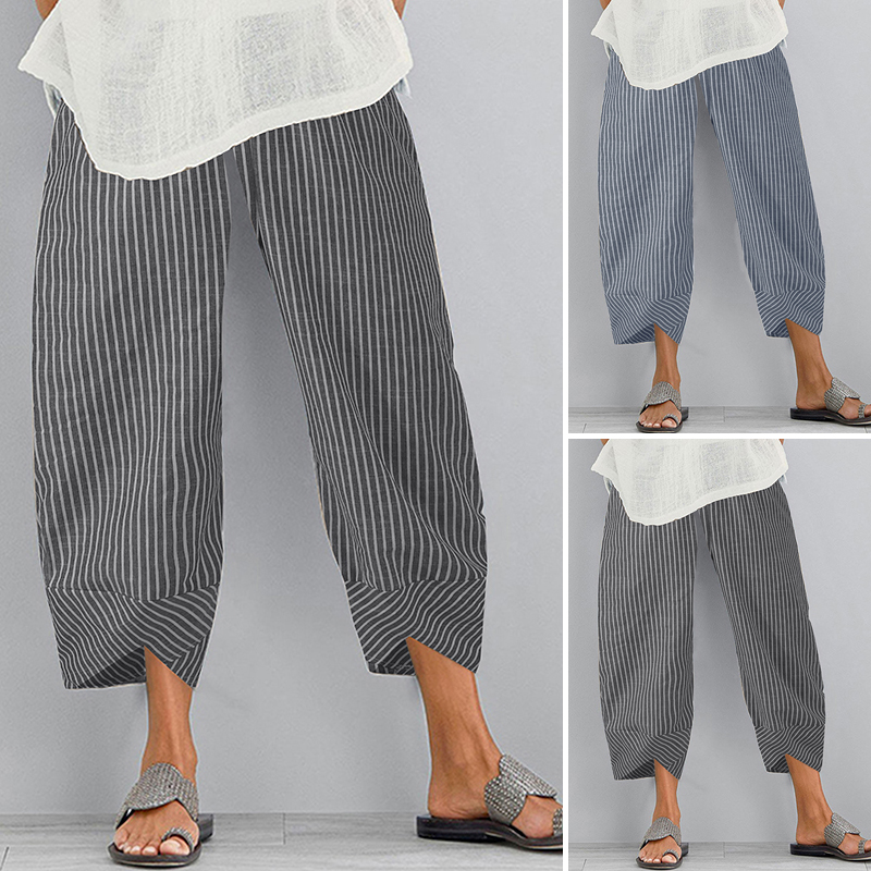 Casual-Loose-Striped-Elastic-Waist-Irregular-Hem-Side-Pocket-Pants-For-Women-1674591