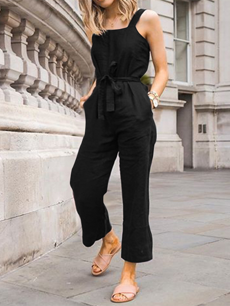 Casual-Solid-Color-Cotton-High-Waist-Loose-Sleeveless-Sling-Jumpsuit-with-Belt-1660324