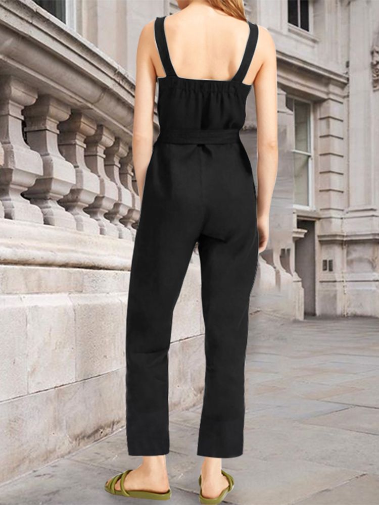 Casual-Solid-Color-Cotton-High-Waist-Loose-Sleeveless-Sling-Jumpsuit-with-Belt-1660324