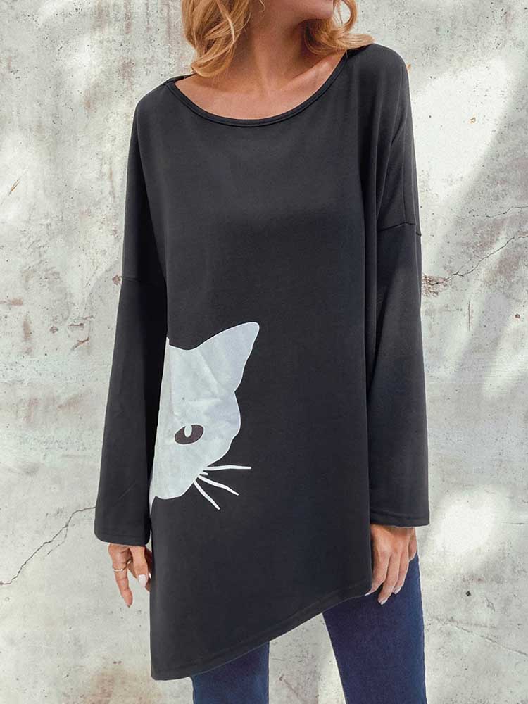 Irregular-Cartoon-Cat-Print-Long-Sleeve-Splited-Blouse-1574065