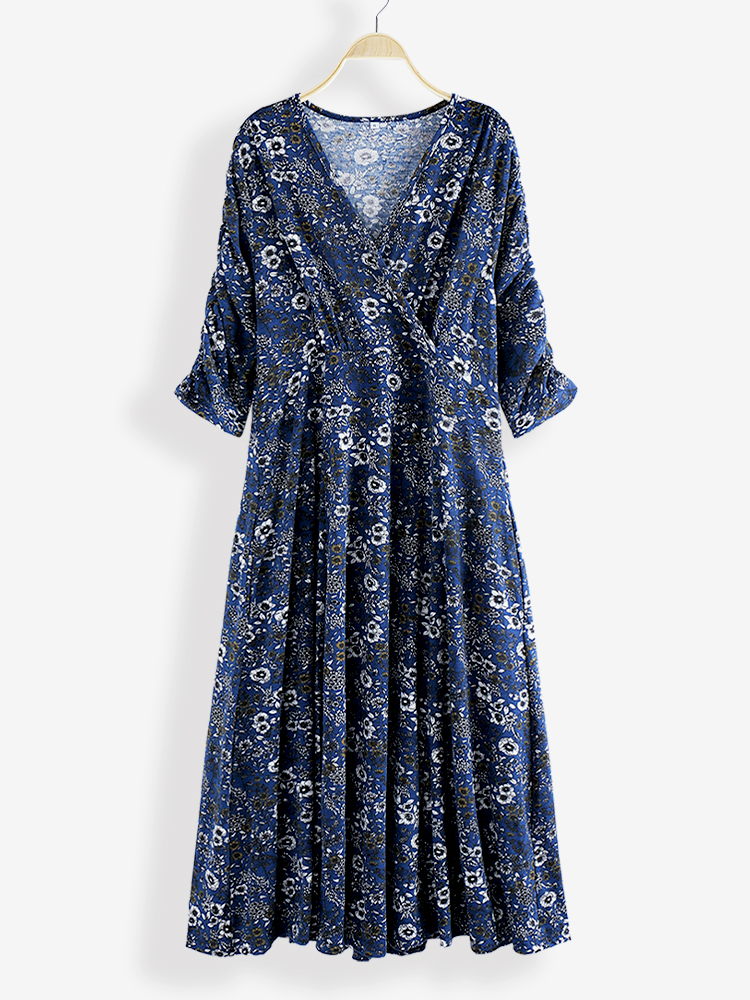 Plus-Size-Women-Flower-Print-V-neck-Slim-Casual-Dress-with-Pockets-1644613