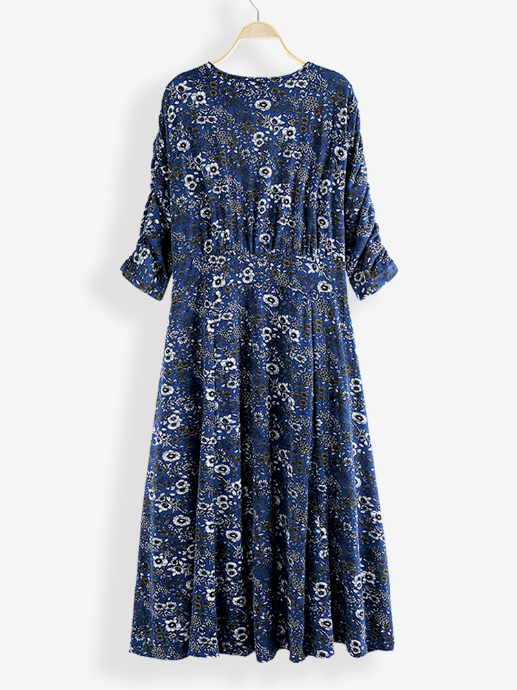 Plus-Size-Women-Flower-Print-V-neck-Slim-Casual-Dress-with-Pockets-1644613