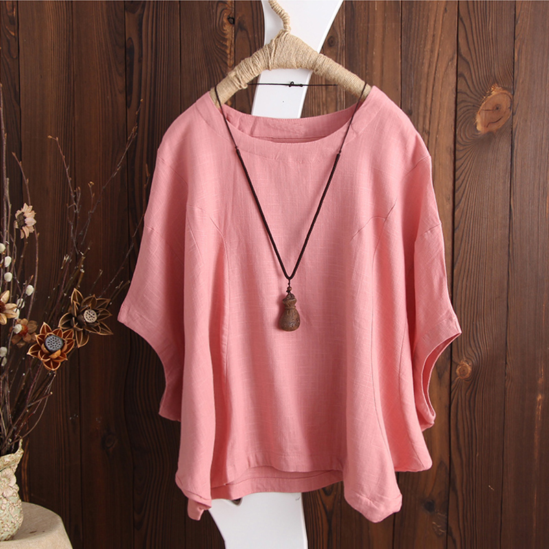 S-5XL-Women-Batwing-Short-Sleeve-Solid-Color-Cotton-Tee-Blouse-1295277