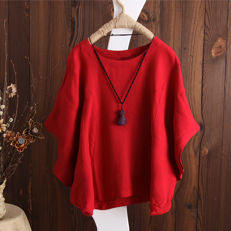 S-5XL-Women-Batwing-Short-Sleeve-Solid-Color-Cotton-Tee-Blouse-1295277