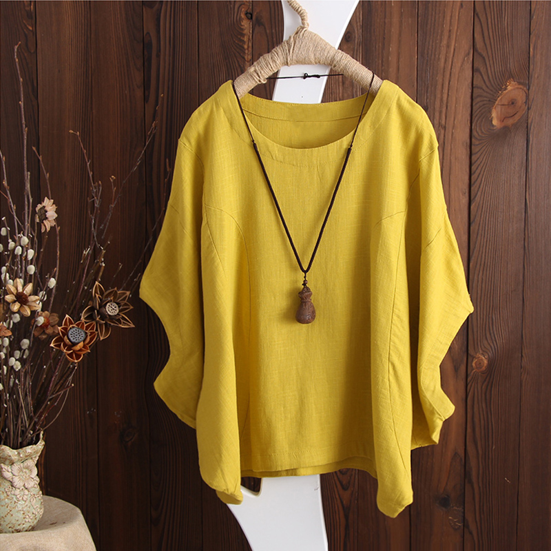 S-5XL-Women-Batwing-Short-Sleeve-Solid-Color-Cotton-Tee-Blouse-1295277