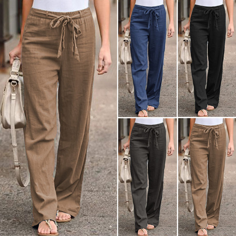 S-5XL-Women-Elastic-Waist-Casual-Wide-Legs-Long-Pants-Solid-Yoga-Trousers-1575404