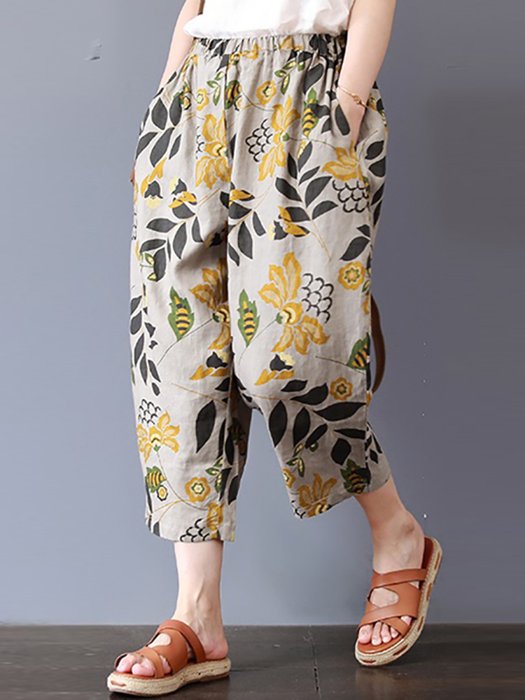 Vintage-Women-Floral-Print-Elastic-Waist-Pants-with-Pockets-1470421