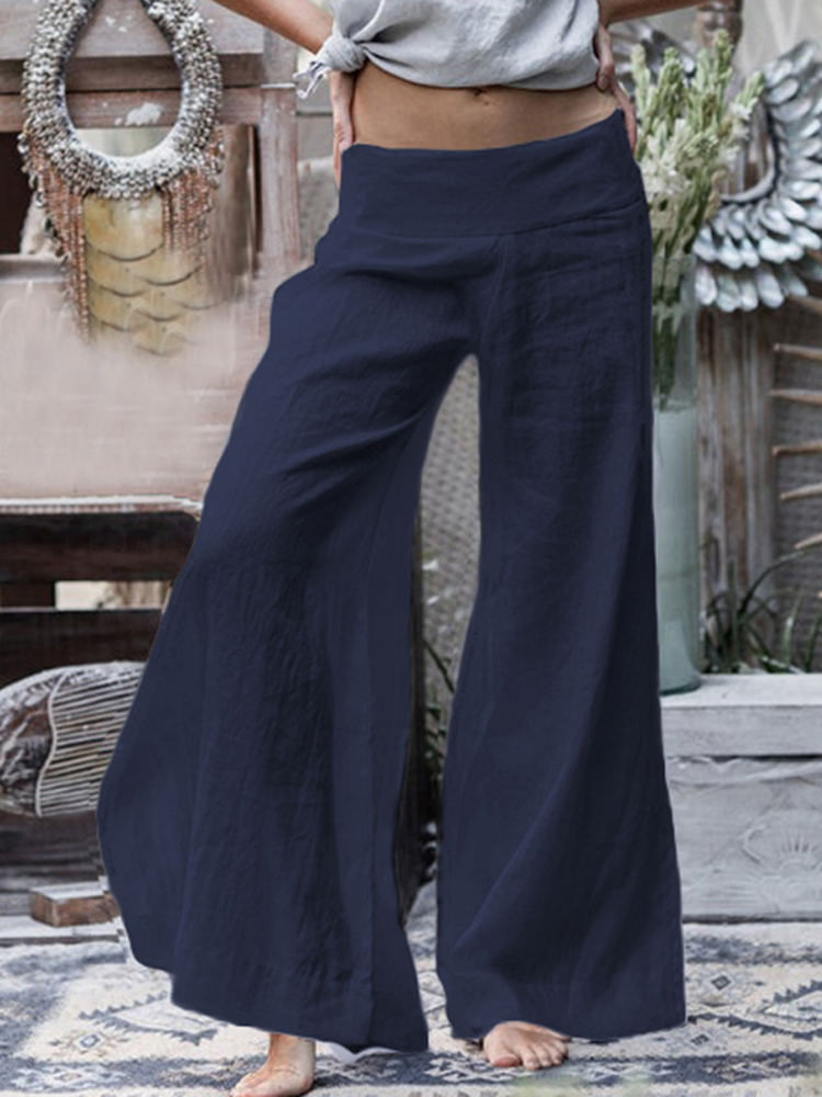 Wide-Leg-Women-Casual-Loose-Solid-Color-Elastic-Waist-Trousers-Pants-1579911