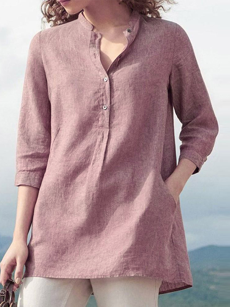 Women-34-Sleeve-V-Neck-Button-Down-Tops-Casual-Loose-Shirts-Blouse-1546029