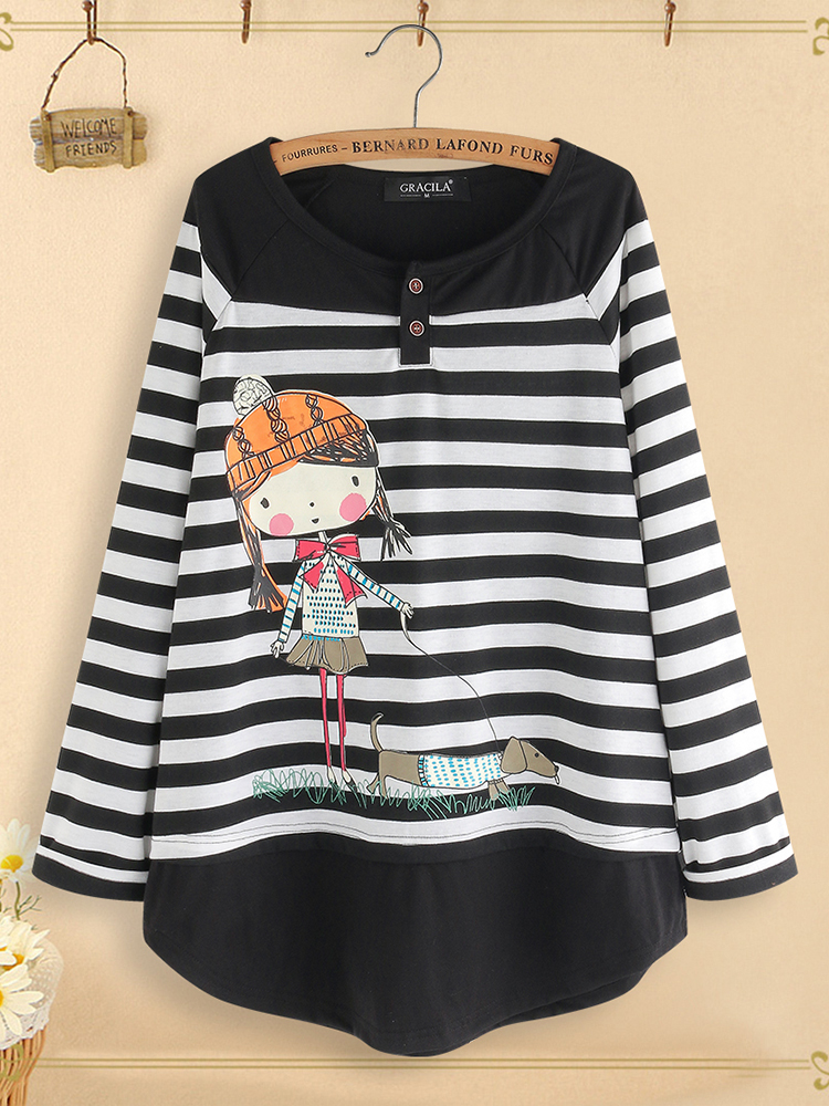 Women-Casual-Cartoon-Print-Stripe-Patchwork-Blouse-1580024