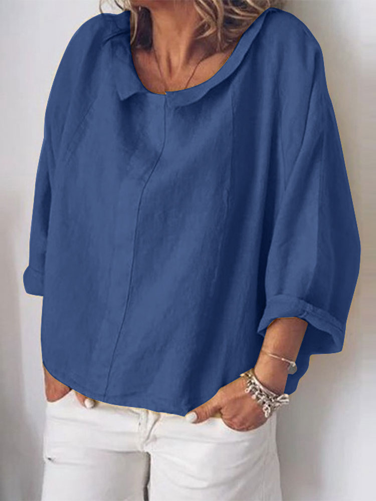 Women-Casual-Cotton-Pure-Color-Long-Sleeve-Blouse-1555575