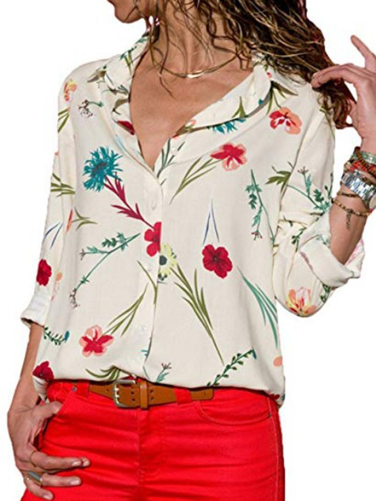 Women-Casual-Stripe-Floral-Print-Buttons-Turn-Down-Collar-Long-Sleeve-Blouse-1381973