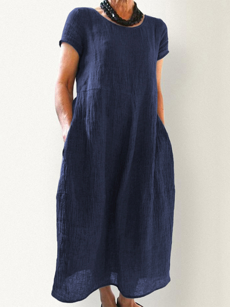 Women-Cotton-Loose-Solid-Color-O-Neck-Short-Sleeve-Side-Pockets-Dress-1524585