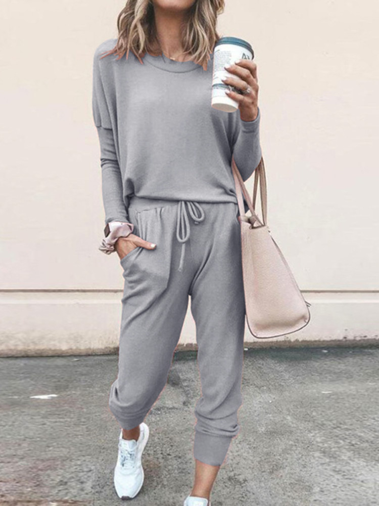 Women-Daily-Casual-Home-Solid-Color-Sweatshirt-Sports-Two-piece-Set-Pants-Tracksuit-1664033