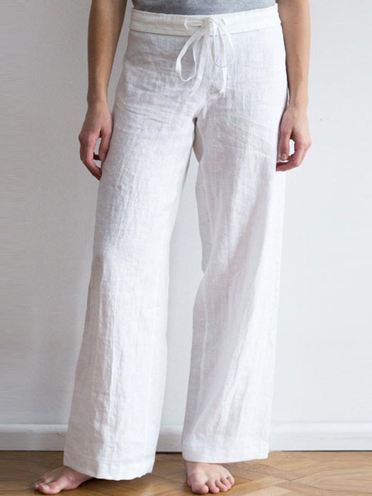 Women-Elastic-Waist-Pockets-Long-Cotton-Wide-Leg-Pants-1533073