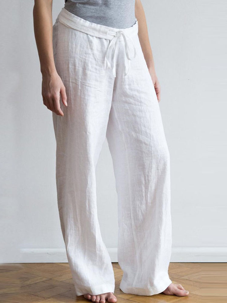 Women-Elastic-Waist-Pockets-Long-Cotton-Wide-Leg-Pants-1533073