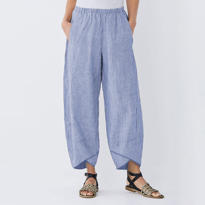 Women-Elastic-Waist-Striped-Harem-Pants-Irregular-Hem-Trousers-1579816