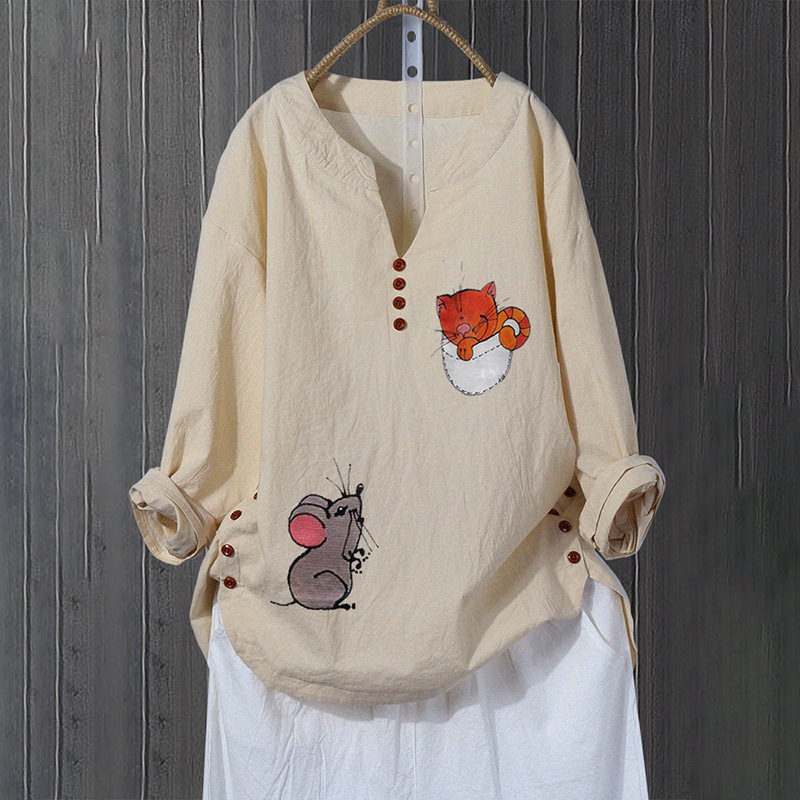 Women-Long-Sleeve-Cat-and-Mouse-Print-Button-Autumn-Shirts-1550175