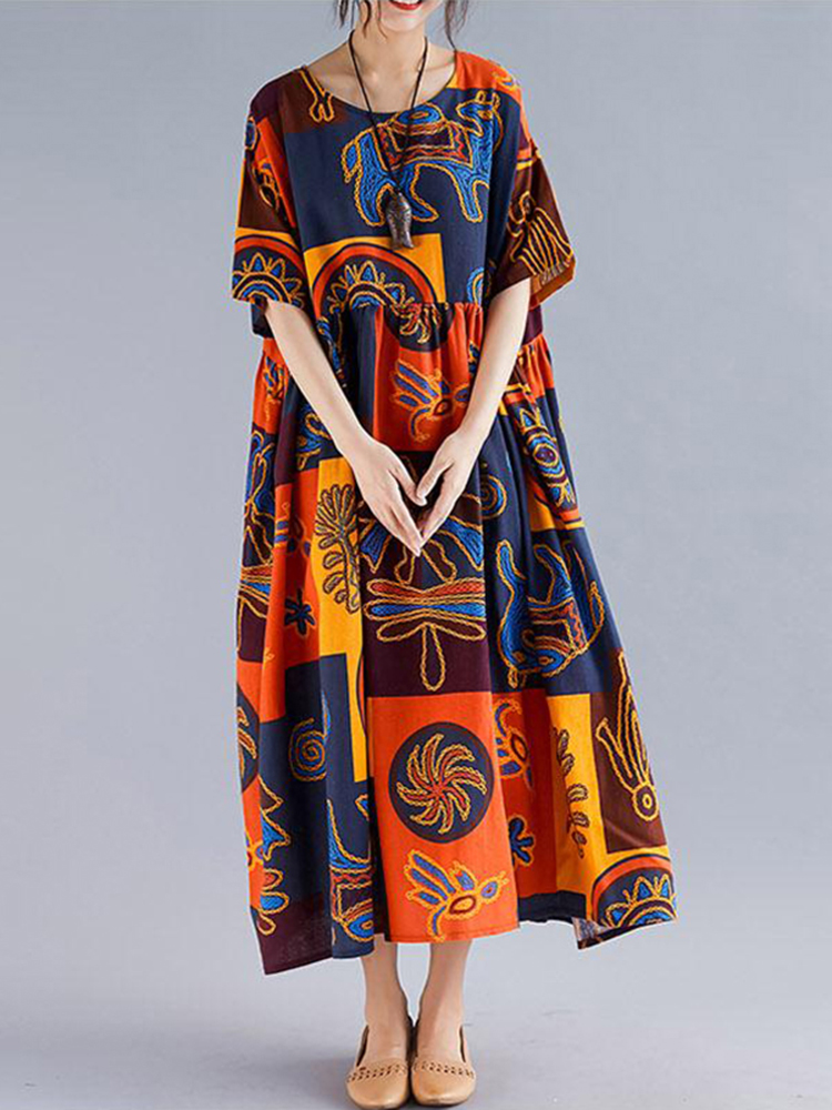 Women-Retro-Folk-Style-Print-Loose-O-Neck-Short-Sleeve-Dress-1508524