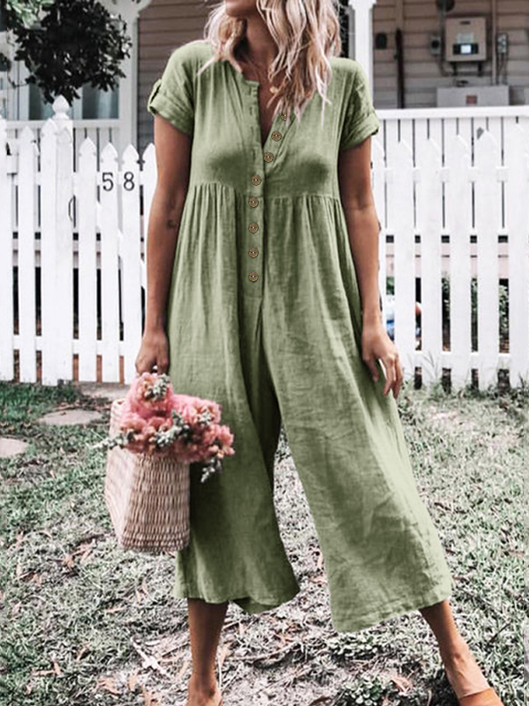 Women-Short-Sleeve-Button-Solid-Color-Wide-Leg-Pant-Jumpsuit-Overalls-1479154