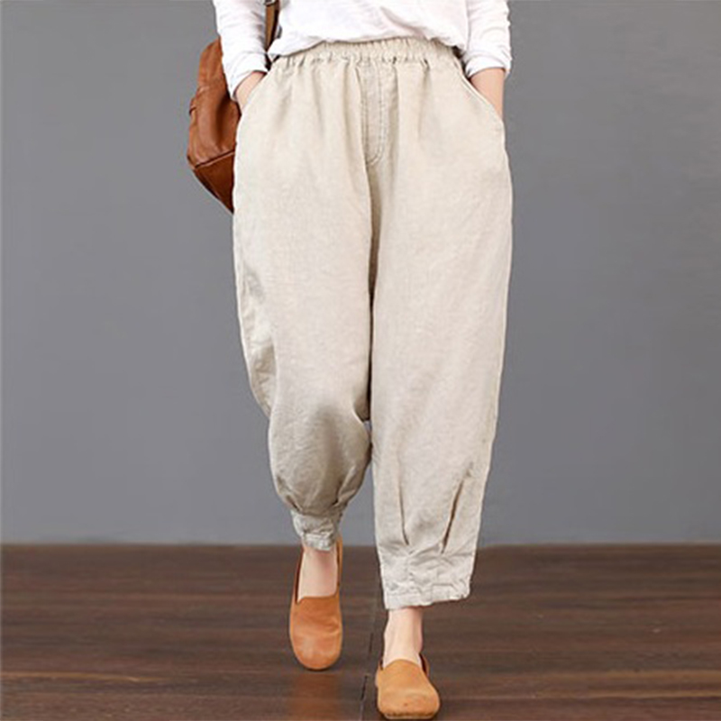 Women-Solid-Color-Elastic-Waist-Loose-Cotton-Pants-1294081