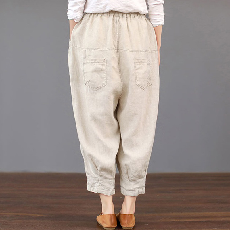 Women-Solid-Color-Elastic-Waist-Loose-Cotton-Pants-1294081