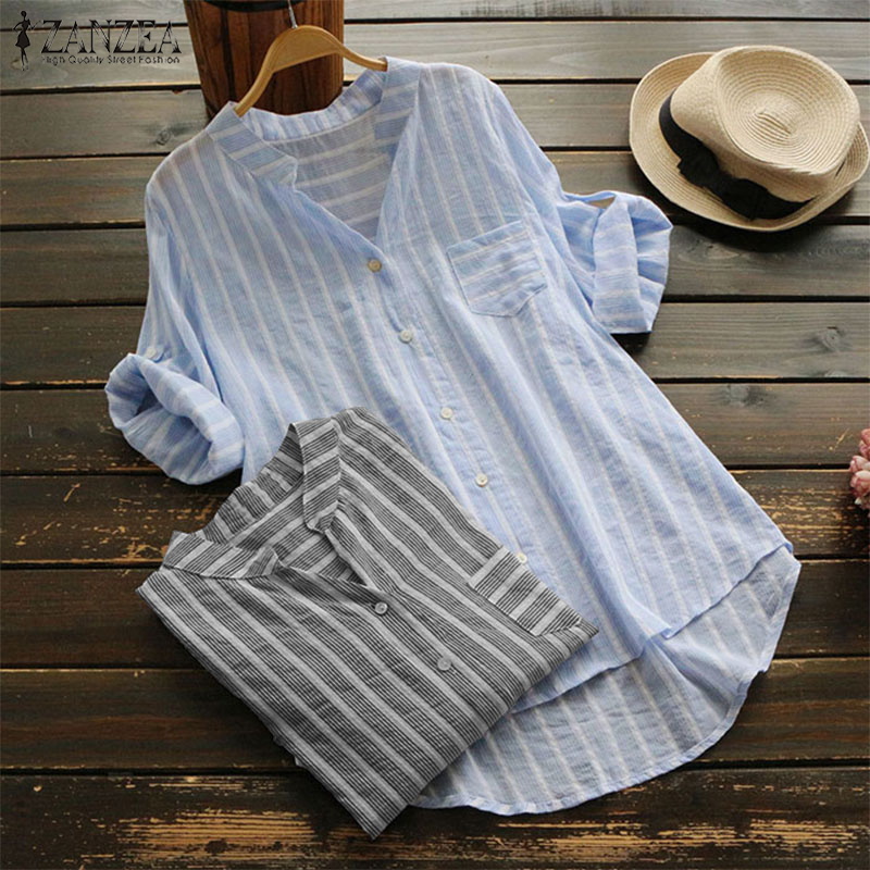 Women-Stripe-V-neck-Buttons-34-Fold-Sleeve-Irregular-Blouse-1340088