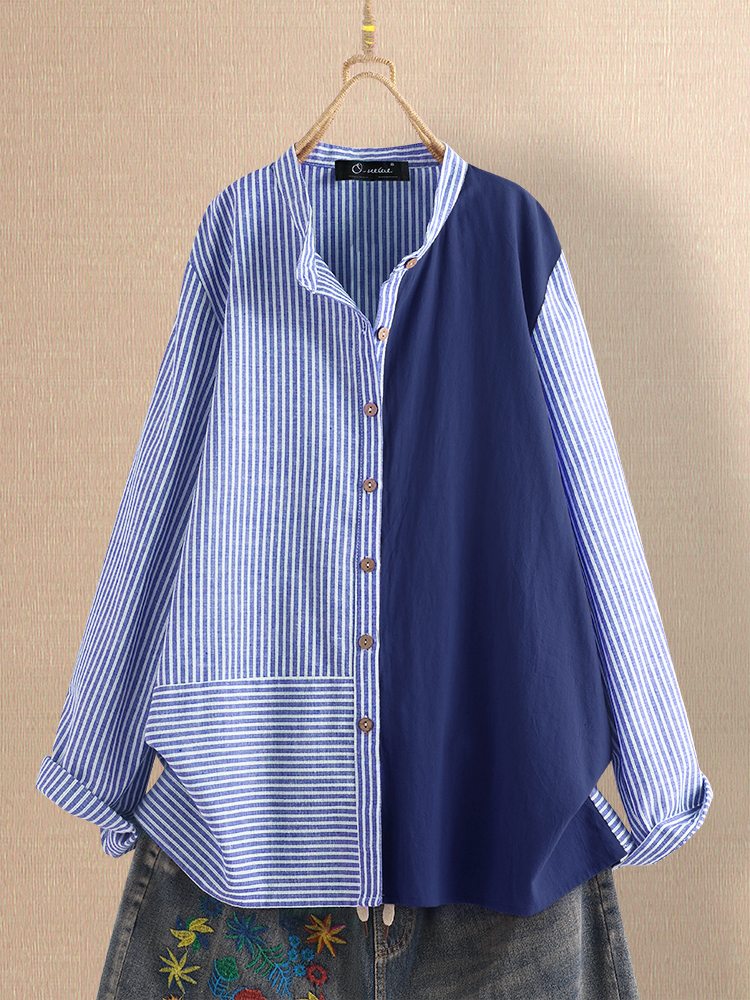 Women-Striped-Patchwork-Stand-Collar-Button-Plus-Size-Shirts-1536235