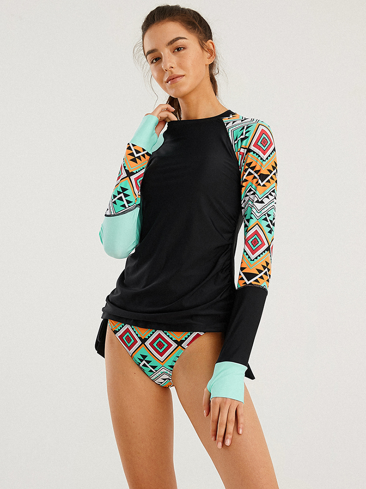 Women-Vintage-Geometric-Print-Sunscreen-Long-Sleeves-Surfing-String-Panty-Sports-Bikini-1668378