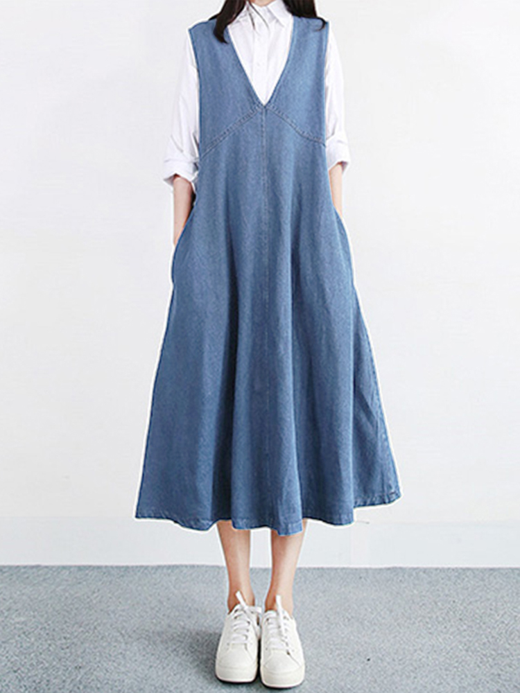 Women-Vintage-V-neck-Sleeveless-Pleated-Denim-Dress-1305849