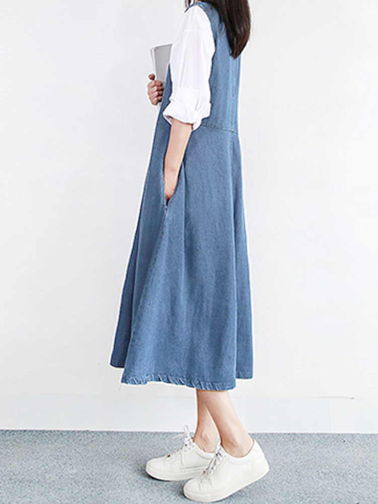 Women-Vintage-V-neck-Sleeveless-Pleated-Denim-Dress-1305849