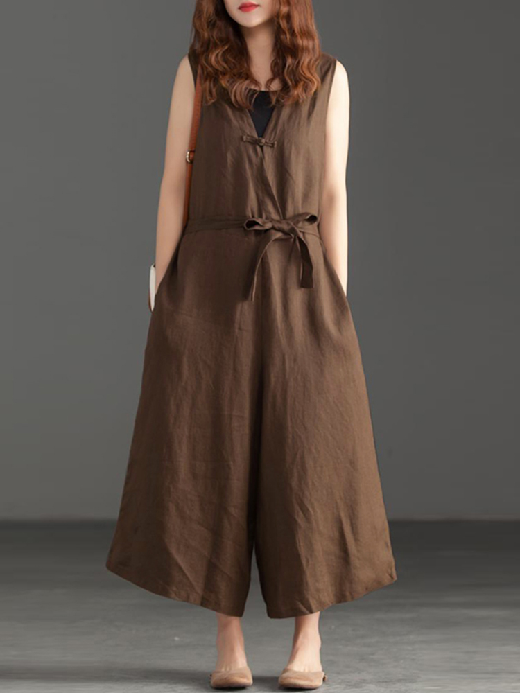 Women-Wide-Leg-Cotton-Solid-Color-V-Neck-Sleeveless-Jumpsuit-with-Pockets-1504227